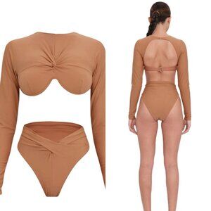NWT Andrea Iyamah Akacia Nude Long Sleeve Bikini Top XS,‎ S